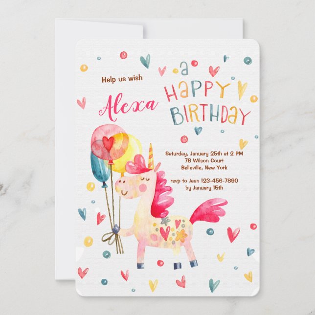 Invitation à la fête d'anniversaire de la licorne  (Devant)