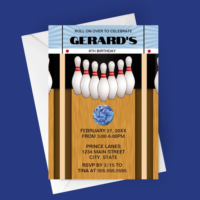 Invitation à la fête d'anniversaire de la piste de (Retro Blue Bowling Alley Lane Birthday Party Invitation)
