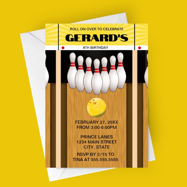 Invitation à la fête d'anniversaire de la piste de (Yellow Retro Bowling Party Invitation)