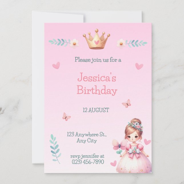 Invitation à la fête d'anniversaire de la Princess (Devant)