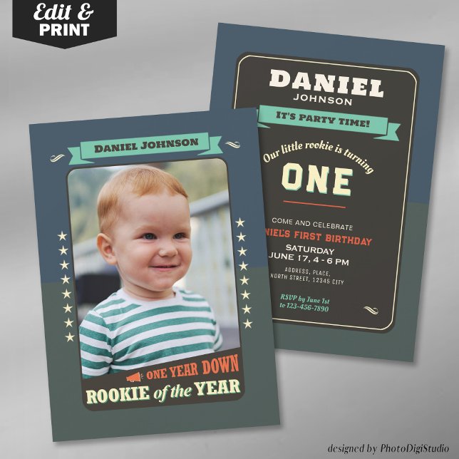 Invitation à la fête d'anniversaire de la recrue d (Editable Rookie of the Year 1st Birthday Party Invitation trading Card)