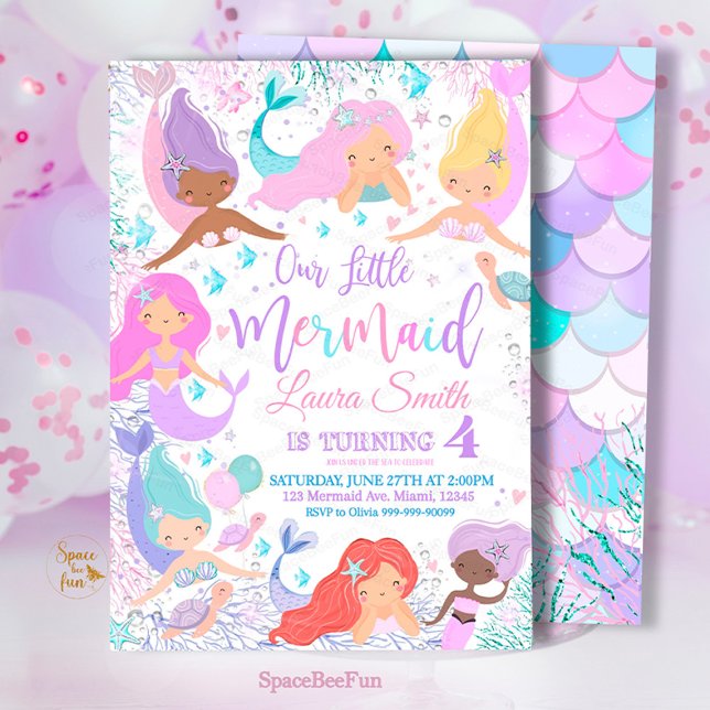 Invitation à la fête d'anniversaire de la Sirène (Mermaid,Birthday Party,Invitation mermaid,Sea Mermaid,Party invite,Under The Sea,Pool Magical party,)