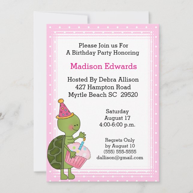 Invitation à la fête d'anniversaire de la tortue (Devant)