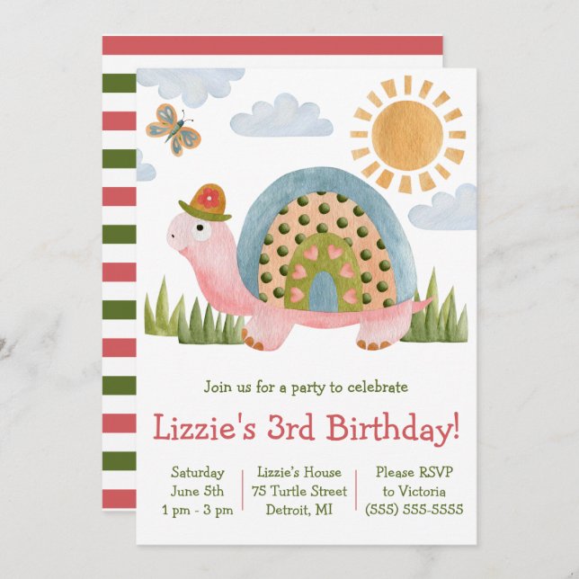 Invitation à la fête d'anniversaire de la tortue l (Devant / Derrière)
