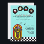 Invitation à la fête d'anniversaire de l'Ancien 45<br><div class="desc">Définissez le thème de votre fête avec cette invitation vintage de juke-box. Il repose sur un sol en linoléum noir et blanc et joue vos chansons préférées. La carte est facile à customiser avec votre libellé, police, couleur de police et choix de six types de papier. Pas exactement ce que...</div>