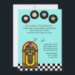 Invitation à la fête d'anniversaire de l'Ancien 45<br><div class="desc">Définissez le thème de votre fête avec cette invitation vintage de juke-box. Il repose sur un sol en linoléum noir et blanc et joue vos chansons préférées. La carte est facile à customiser avec votre libellé, police, couleur de police et choix de six types de papier. Pas exactement ce que...</div>