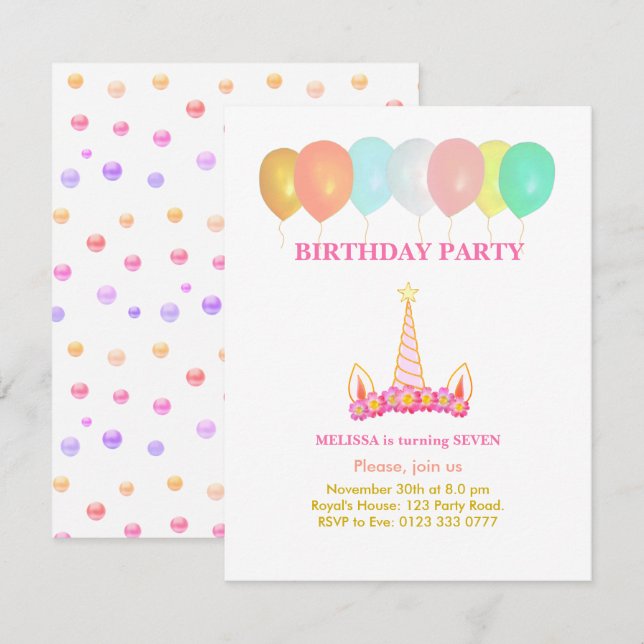 Invitation à la fête d'anniversaire de licorne 7 a (Devant / Derrière)