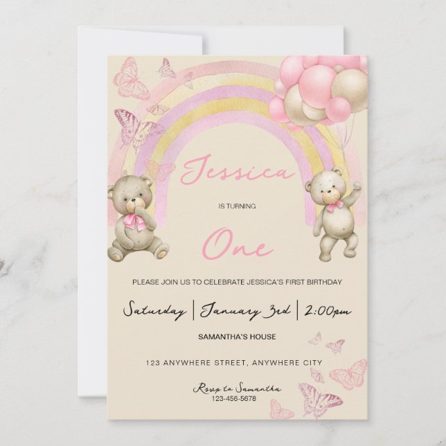 Invitation à la fête d'anniversaire de l'ours en p (Devant)