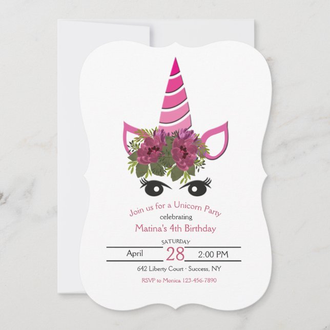 Invitation à la fête d'anniversaire de l'Unicorne (Devant)