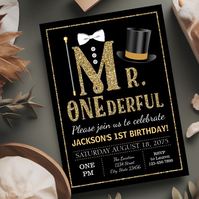 Invitation à la fête d'anniversaire de M. ONEderfu (Boy first birthday invitation. Mr. Onederful birthday party invitation with cute top hat, vest, tie.)