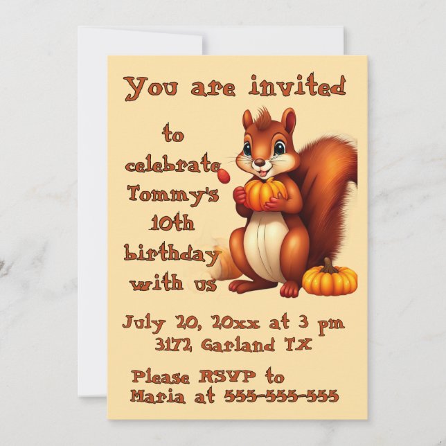 Invitation à la fête d'anniversaire de M. Squirrel (Devant)