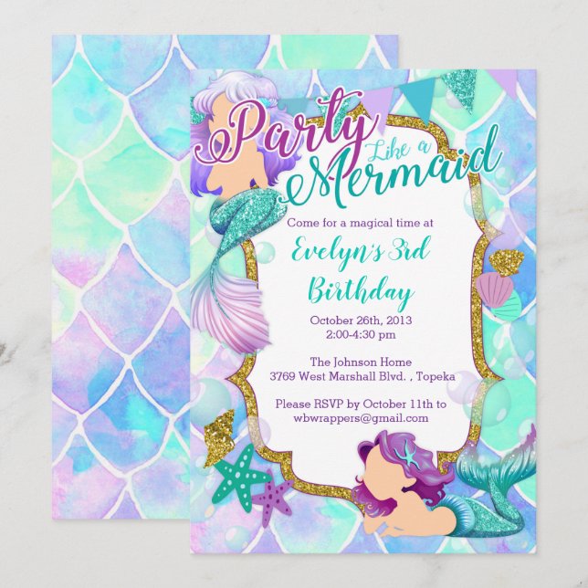 Invitation à la fête d'anniversaire de Mermaid - G (Devant / Derrière)
