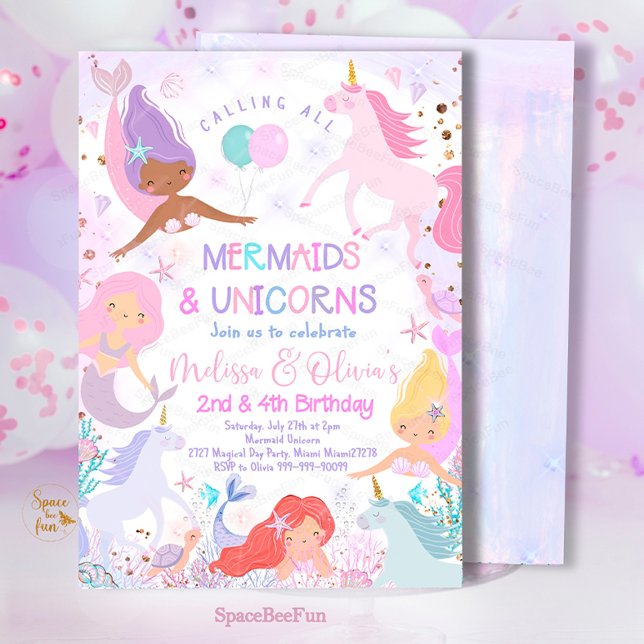 Invitation à la fête d'anniversaire de Mermaid & U (Mermaid and Unicorn magical,Birthday Party,Invitation mermaid,Sea Mermaid,Party invite,Under The Sea)