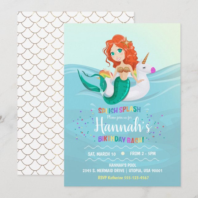 Invitation à la fête d'anniversaire de Mermaid Uni (Devant / Derrière)