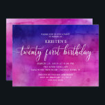 Invitation à la fête d'anniversaire de Modern Twen<br><div class="desc">Belle invitation de fête de 21e anniversaire avec une police de script chic sur un arrière - plan d'aquarelle violet et rose.  Retourner notre invitation pour voir un retour correspondant pour une touche spéciale supplémentaire.  Disponible dans notre boutique dans d'autres combinaisons de couleurs.</div>