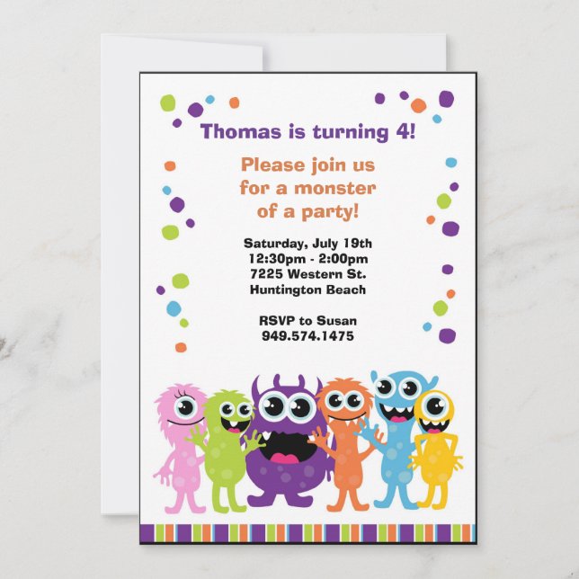 Invitation à la fête d'anniversaire de Monster (Devant)