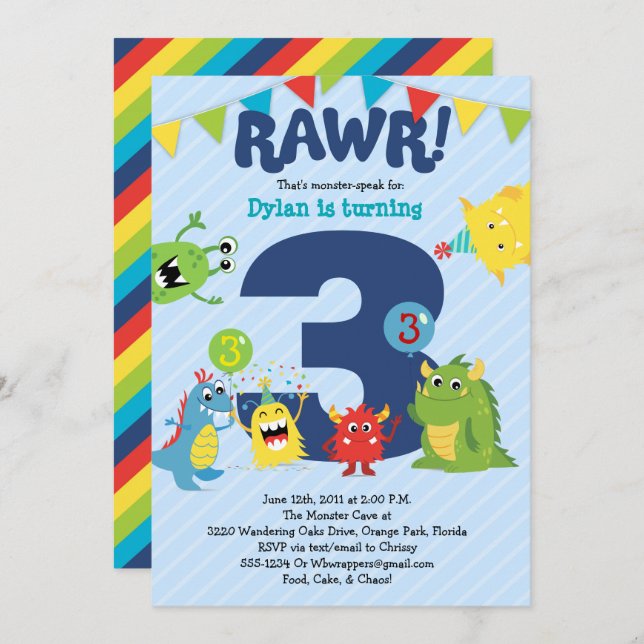 Invitation à la fête d'anniversaire de Monster (Devant / Derrière)