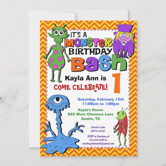 Invitation à la fête d'anniversaire de Monster Bas (Devant)