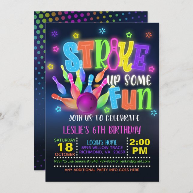 Invitation à la fête d'anniversaire de Neon Bowlin (Devant / Derrière)