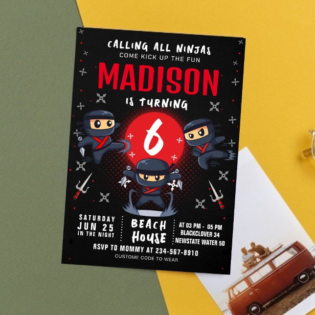 Invitation à la fête d'anniversaire de Ninja noir (Black Ninja Birthday Party Invitation)