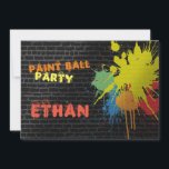 Invitation à la fête d'anniversaire de Paintball<br><div class="desc">Invitation à la fête d'anniversaire de paintball pour enfants avec mur en brique noire avec des spatters de paintball aux couleurs vives.</div>