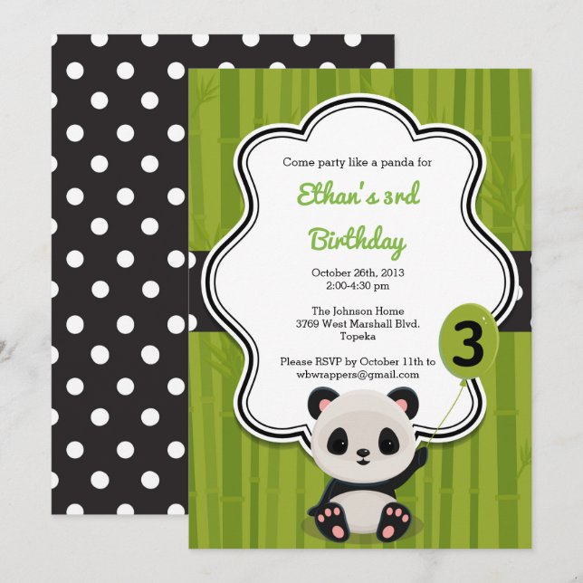 Invitation à la fête d'anniversaire de Panda - Ver (Devant / Derrière)