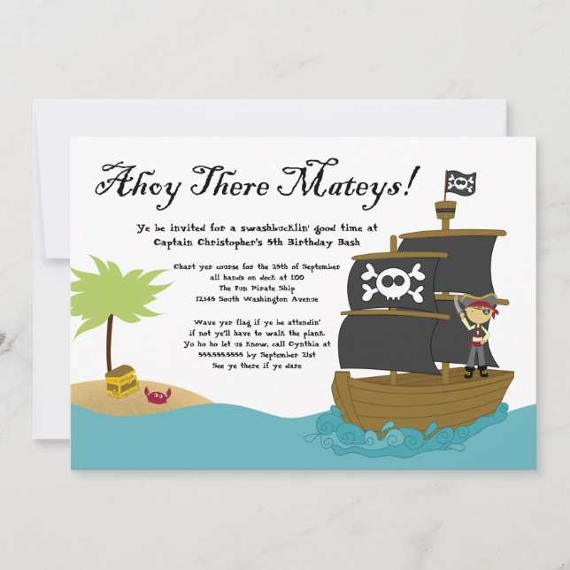 Invitation à la fête d'anniversaire de pirate de c (Devant)