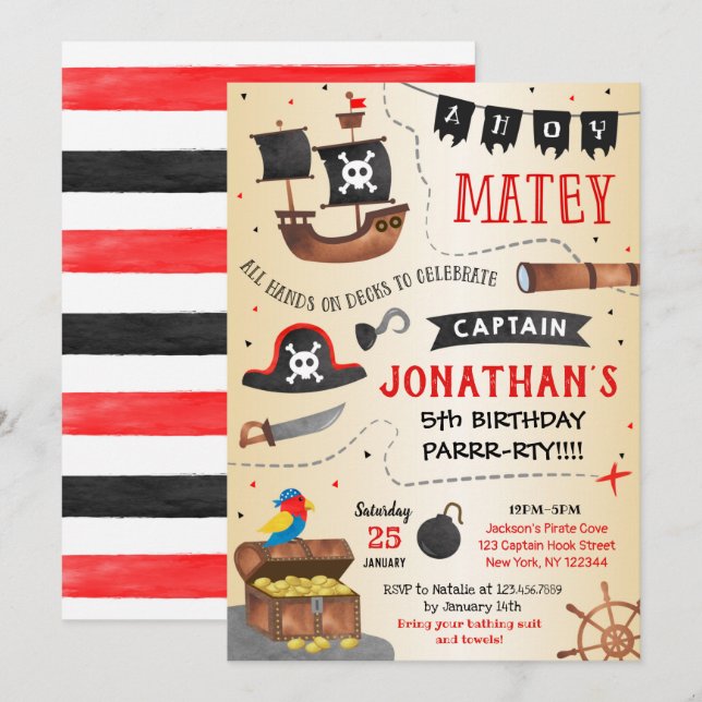 Invitation à la fête d'anniversaire de Pirate Ship (Devant / Derrière)