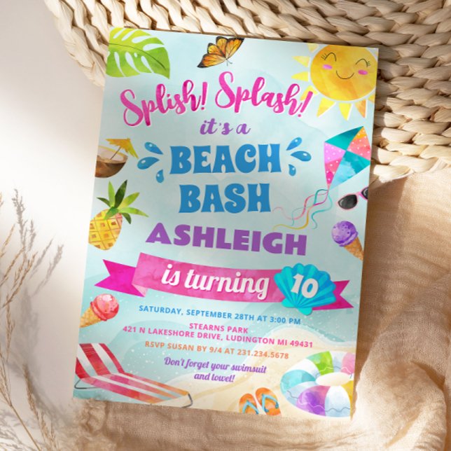 Invitation à la fête d'anniversaire de plage Splis (Splish Splash Beach Birthday Party Invitation
)