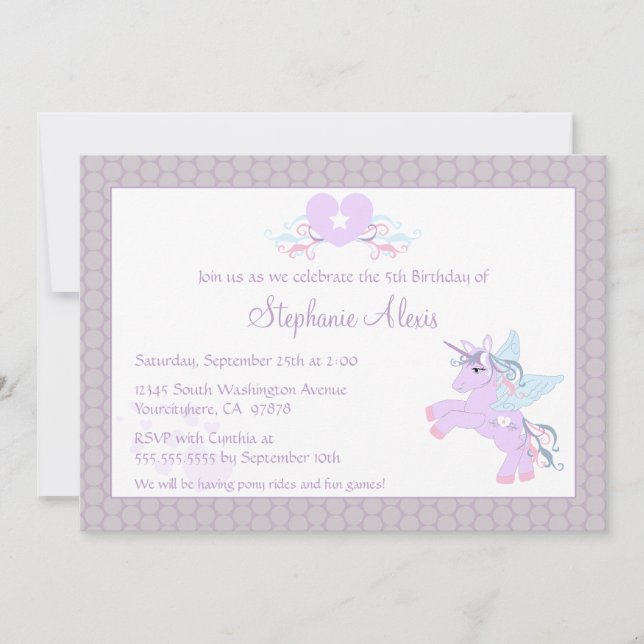 Invitation à la fête d'anniversaire de poney mauve (Devant)