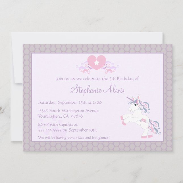Invitation à la fête d'anniversaire de poney mauve (Devant)