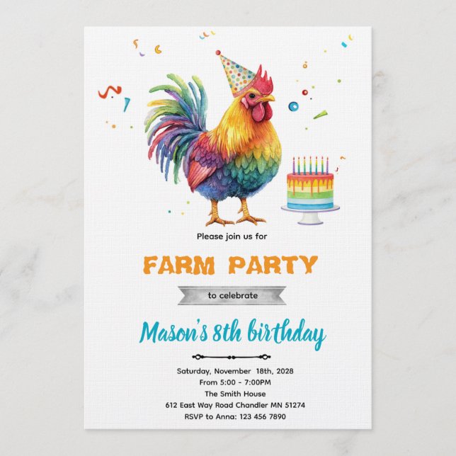 Invitation à la fête d'anniversaire de poulet (Devant)