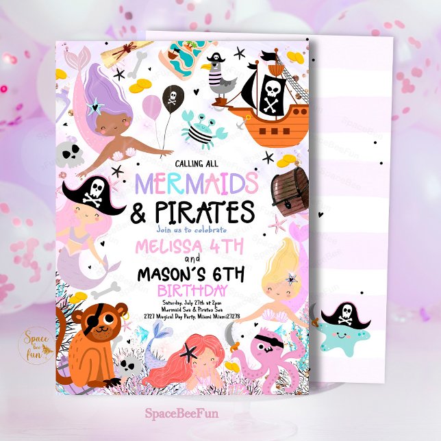 Invitation à la fête d'anniversaire de Sirène et P (Mermaid And Pirate,Birthday Party,Invitation Sibling's birthday party,Sea Mermaid,Party invite,Under)