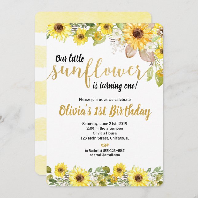 Invitation à la fête d'anniversaire de Sunflower (Devant / Derrière)