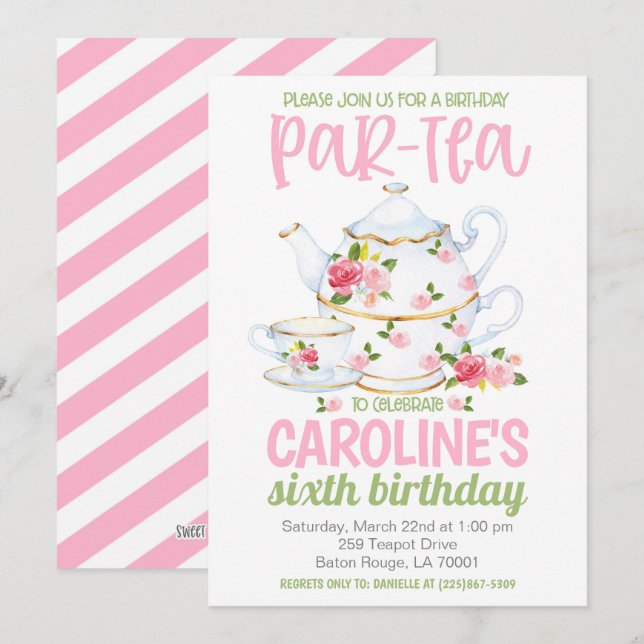 Invitation à la fête d'anniversaire de thé (Devant / Derrière)