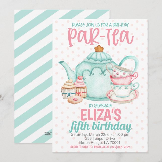 Invitation à la fête d'anniversaire de thé (Devant / Derrière)