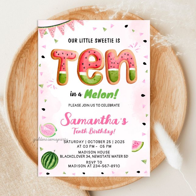 Invitation à la fête d'anniversaire des 10 ans de  (Watermelon 10th Birthday Party Invitation)