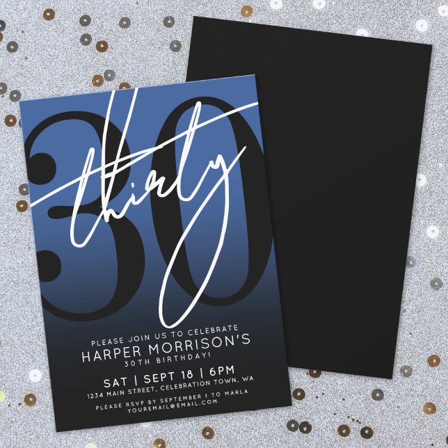 Invitation à la fête d'anniversaire des 30 ans Ble (Blue Black 30th Birthday Party Invitation)