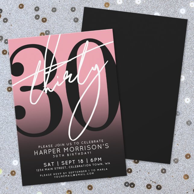 Invitation à la fête d'anniversaire des 30 ans Ros (Pink Black 30th Birthday Party Invitation)