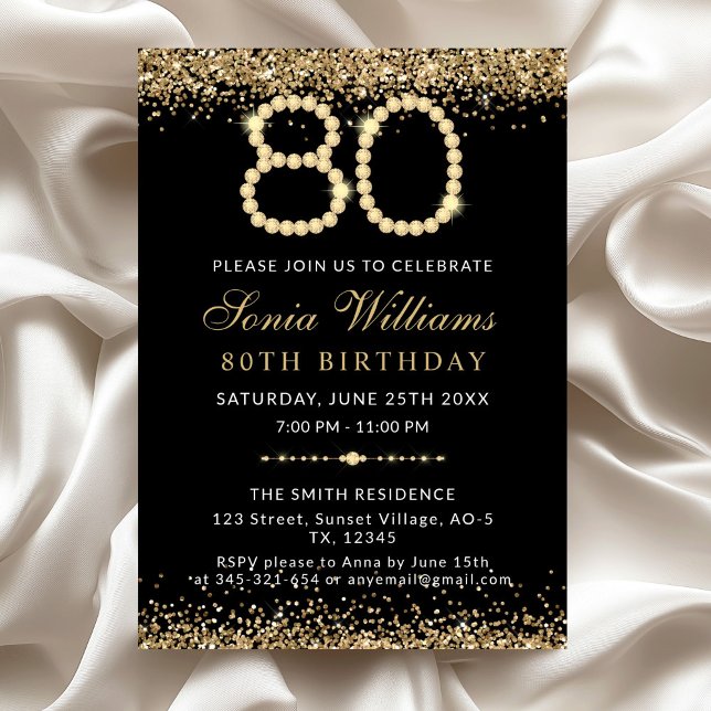 Invitation à la fête d'anniversaire des 80 ans Bla (Gold Diamonds 80th Birthday Party Invitation)