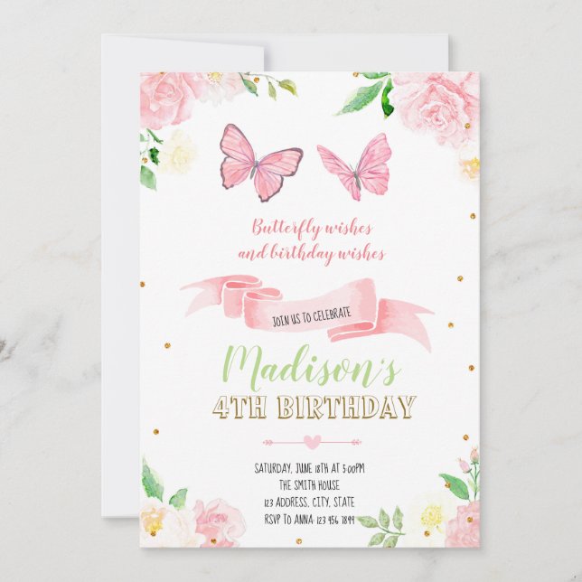 Invitation à la fête d'anniversaire des papillons (Devant)