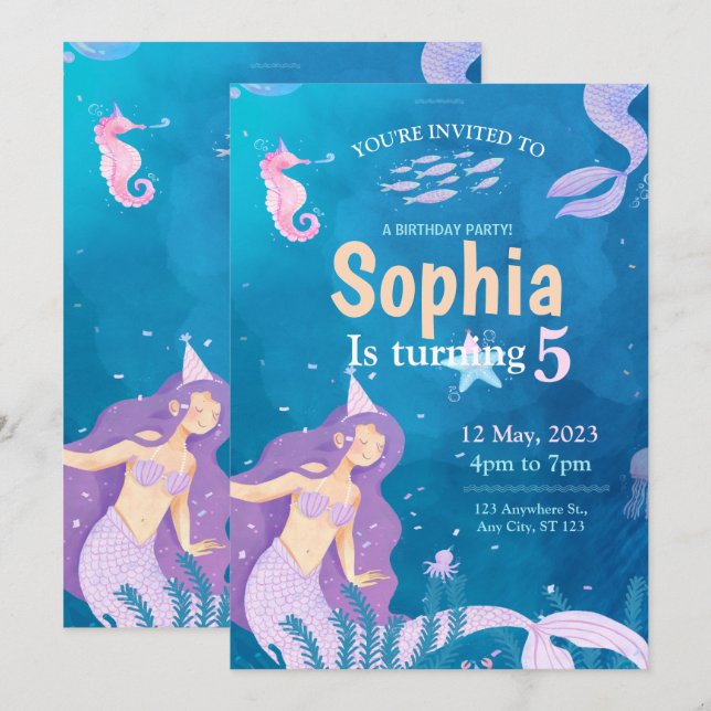 Invitation à la fête d'anniversaire des sirènes bl (Devant / Derrière)