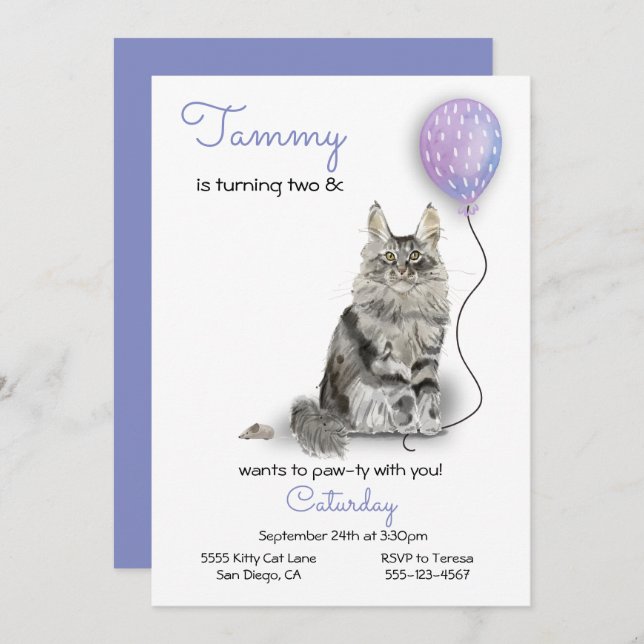 Invitation à la fête d'anniversaire du chat (Devant / Derrière)