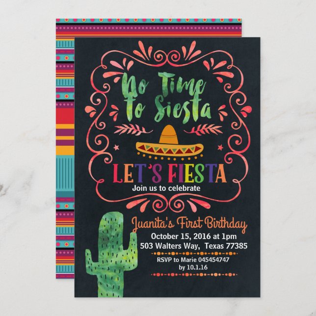 Invitation à la fête d'anniversaire du Fiesta mexi (Devant / Derrière)