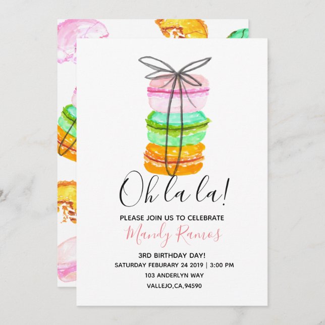 Invitation à la fête d'anniversaire du macaron fra (Devant / Derrière)