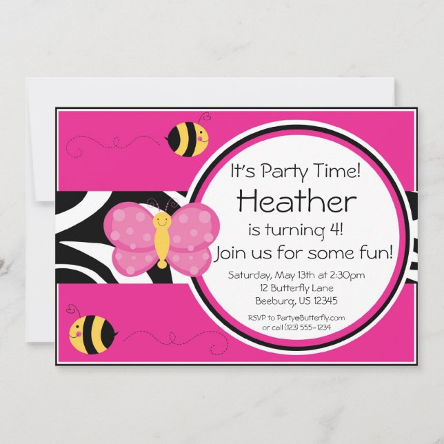 Invitation à la fête d'anniversaire du papillon ro (Devant)
