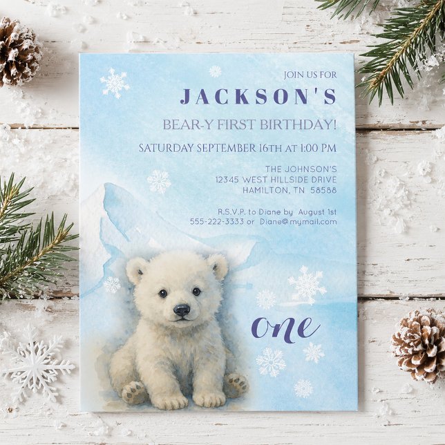 Invitation à la fête d'anniversaire du premier our (Polar Bear Beary First Birthday Party Invitation)