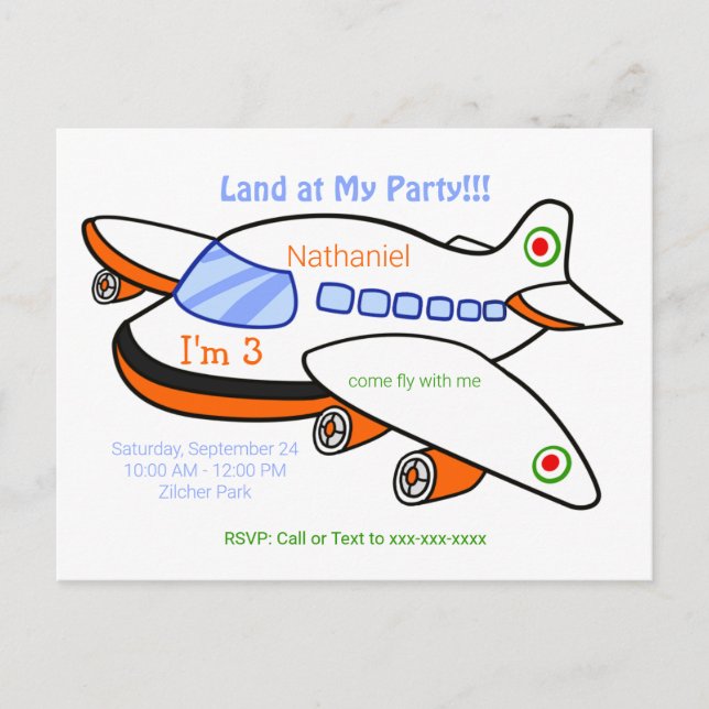 Invitation à la fête d'anniversaire d'un avion pou (Devant)