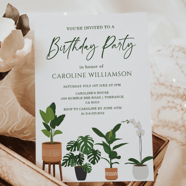 Invitation à la fête d'anniversaire en Plante (Indoor Potted Plants Birthday Party Invitation)
