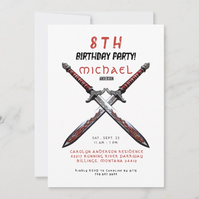 Invitation à la fête d'anniversaire épées rouge et (Devant)